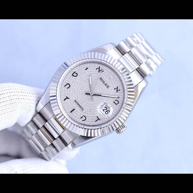 ROLEX 316L Stainless Steel Mineral Crystal Calf Leather Strap Stainless Steel Case Full Diamond Mechanical Movement Mechanical Watches