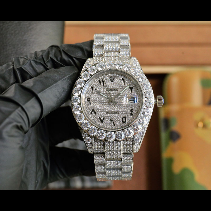 ROLEX Full Diamond Stainless Steel Swarovski Pave-Set Automatic Movement 42mm Mechanical Watches