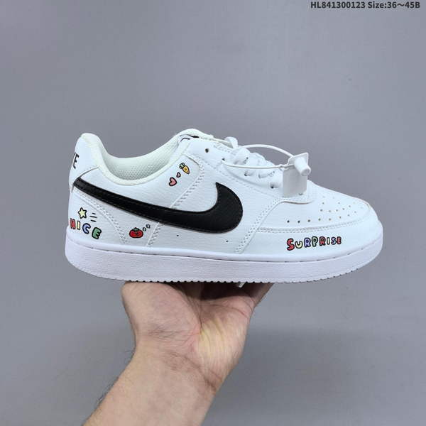 NIKE COURT VISION 1 LOW IS A LOW-TOP SHOE AVAILABLE IN WHITE, BLUE, AND YELLOW. WITH WHITE AS ITS DOMINANT COLOR, IT'S HIGHLY VERSATILE AND EASY TO PAIR WITH VARIOUS OUTFITS. ADDITIONALLY, SIDES OF SHOE FEATURE DISTINCTIVE DECORATIVE ELEMENTS (E.G.,