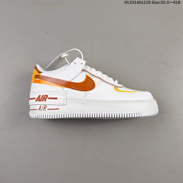 AIR FORCE 1 SHADOW IN WHITE, BROWN, AND ORANGE – A LIGHTWEIGHT, LOW-TOP SNEAKER WITH VERSATILE STYLING OPTIONS. FEATURES A BRAND-NEW, FEMININE DECONSTRUCTIVIST DESIGN AND IS MADE FROM DOUBLE-LAYERED, LIGHTWEIGHT EVA FOAM MATERIAL.