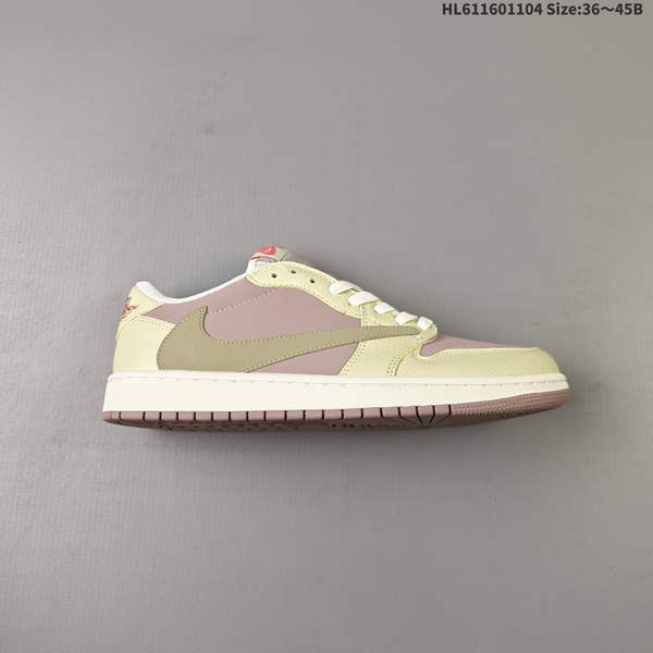 NIKE AIR JORDAN 1 X TRAVIS SCOTT AJ1 IS A LOW-TOP CULTURAL BASKETBALL SHOE FEATURING A DISTINCTIVE "BACKHOOK" DESIGN. PERFORATIONS ON SHOE ARE EVENLY DISTRIBUTED AND CLEAN, WHILE MIDSOLE HAS SOME MINOR DENTS OR CRACKS.