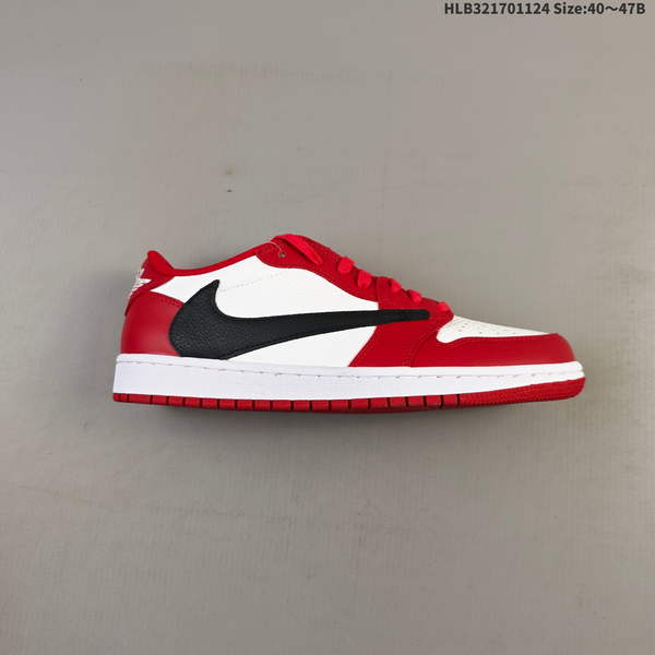 NIKE AIR JORDAN 1 X TRAVIS SCOTT AJ1 IS A LOW-TOP CULTURAL BASKETBALL SHOE FEATURING A DISTINCTIVE "BACKHOOK" DESIGN. PERFORATIONS ON SHOE ARE EVENLY DISTRIBUTED AND CLEAN, WHILE MIDSOLE HAS SOME MINOR DENTS OR CRACKS.