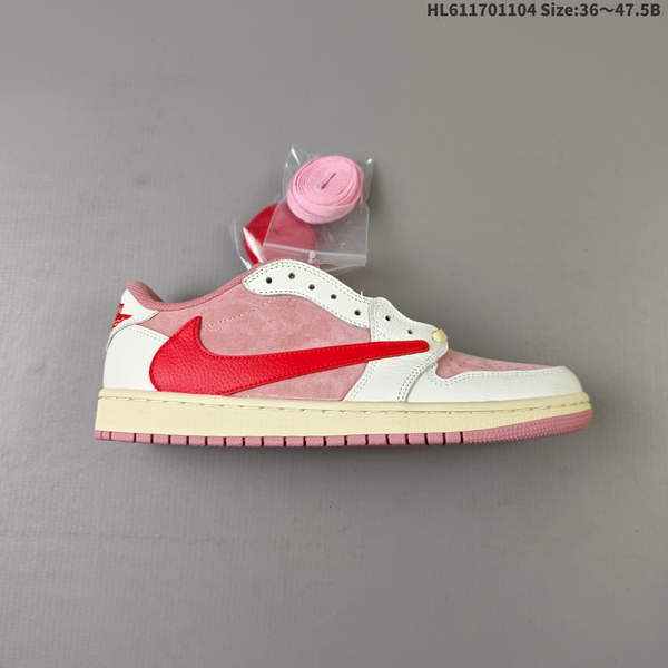 NIKE AIR JORDAN 1 X TRAVIS SCOTT AJ1 IS A LOW-TOP CULTURAL BASKETBALL SHOE FEATURING A DISTINCTIVE "BACKHOOK" DESIGN. PERFORATIONS ON SHOE ARE EVENLY DISTRIBUTED AND CLEAN, WHILE MIDSOLE HAS SOME MINOR DENTS OR CRACKS.