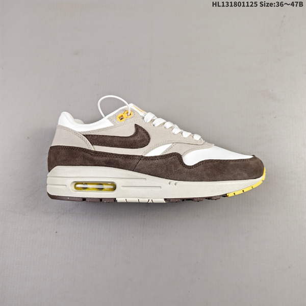 NIKE AIR MAX 1 – A CUSHIONED, SHOCK-ABSORBING, AND DURABLE SPORTS SHOE MADE FROM LEATHER, FABRIC, AND PATENT LEATHER FOR A PREMIUM FEEL ON FRONT.