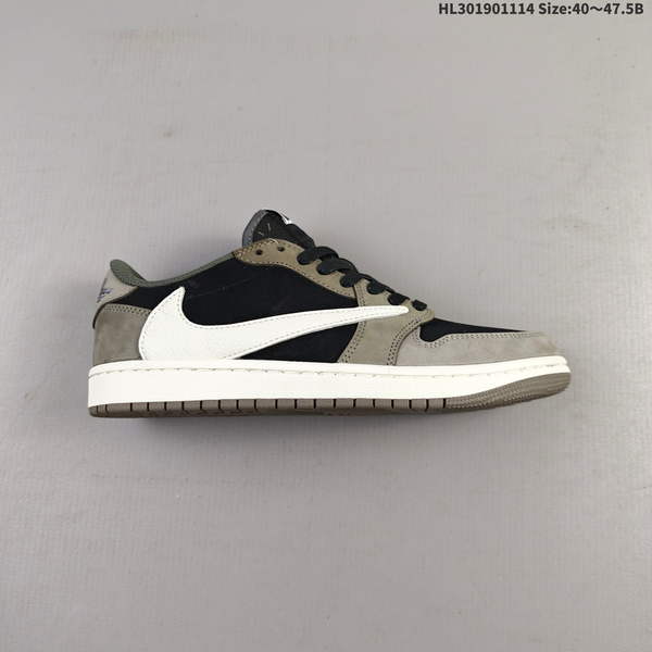 NIKE AIR JORDAN 1 X TRAVIS SCOTT AJ1 IS A LOW-TOP CULTURAL BASKETBALL SHOE FEATURING A DISTINCTIVE "BACKHOOK" DESIGN. PERFORATIONS ON SHOE ARE EVENLY DISTRIBUTED AND CLEAN, WHILE MIDSOLE HAS SOME MINOR DENTS OR CRACKS.