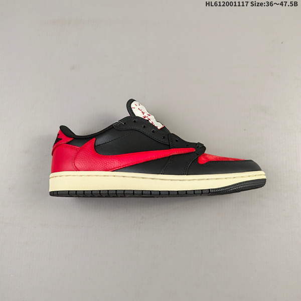 NIKE AIR JORDAN 1 X TRAVIS SCOTT AJ1 IS A LOW-TOP CULTURAL BASKETBALL SHOE FEATURING A DISTINCTIVE "BACKHOOK" DESIGN. PERFORATIONS ON SHOE ARE EVENLY DISTRIBUTED AND CLEAN, WHILE MIDSOLE HAS SOME MINOR DENTS OR CRACKS.