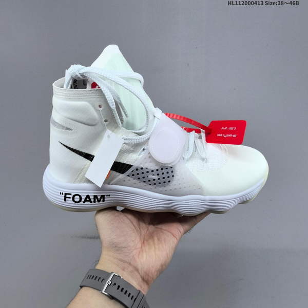 NIKE REACT HYPERDUNK FLYKNIT OFF-WHITE VIRGIL TEN IS A HIGH-TOP COLLABORATIVE SNEAKER IN WHITE AND BLACK, FEATURING A WOVEN UPPER MADE FROM SPECIALIZED FABRIC.