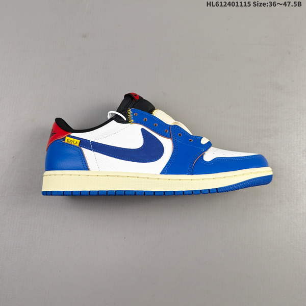 !NIKE AIR JORDAN 1 LOW – BLUE-LEMON COLOR WITH BLUE-YELLOW STRIPES; PART OF JORDAN BASKETBALL SHOE SERIES, FEATURING A LOW-PROFILE DESIGN.