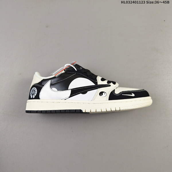 NIKE AIR JORDAN 1 X TRAVIS SCOTT AJ1 IS A LOW-TOP CULTURAL BASKETBALL SHOE FEATURING A DISTINCTIVE "BACKHOOK" DESIGN AND EVENLY SPACED PERFORATIONS, PERFECT FOR DIY CUSTOMIZATION PROJECTS.