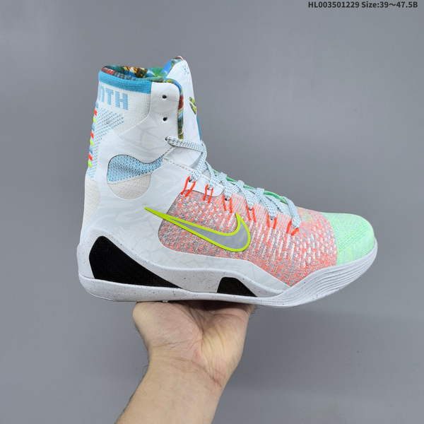 NIKE KOBE 9 ELITE PROTRO – A REPLICA OF CLASSIC NIKE KOBE 9 HIGH-TOP BASKETBALL SHOE IN WHITE, ORANGE, AND GREEN COLORS, FEATURING A ROUND TOE DESIGN FOR COMFORT, DURABILITY, AND BREATHABILITY.