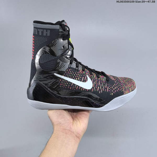 NIKE KOBE 9 ELITE PROTRO MASTERPIECE – A HIGH-TOP BASKETBALL SHOE IN REPLICA BLACK, SILVER, AND RED COLORS, FEATURING ROUND LACES, WEAR-RESISTANT CONSTRUCTION, AND EXCELLENT BREATHABILITY. THIS PAIR IS TRULY EXCEPTIONAL.