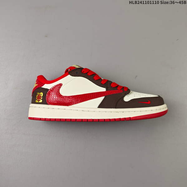 NIKE AIR JORDAN 1 X TRAVIS SCOTT AJ1 – A LOW-TOP CULTURAL BASKETBALL SHOE FEATURING A DISTINCTIVE HOOK DESIGN; PERFORATIONS ARE NEATLY AND UNIFORMLY ARRANGED, AND IT COMES WITH A CLEAN MIDSOLE.