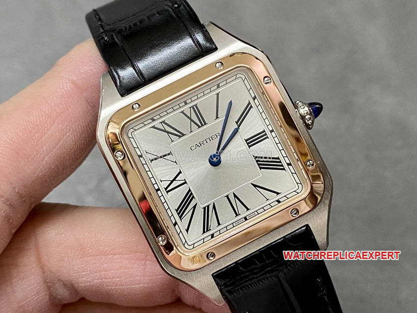 F1 Factory Cartier Santos Top Silver Dial Rose Gold Bezel Medium Model W2SA0011 Front Real Shot Photo