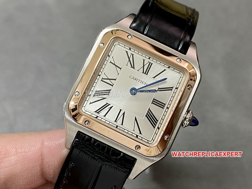 F1 Factory Cartier Santos Top Silver Dial Rose Gold Bezel Medium Model W2SA0011 Front Real Shot Photo