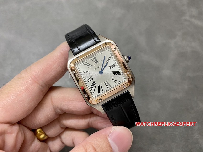 F1 Factory Cartier Santos Top Silver Dial Rose Gold Bezel Medium Model W2SA0011 Front Real Shot Photo