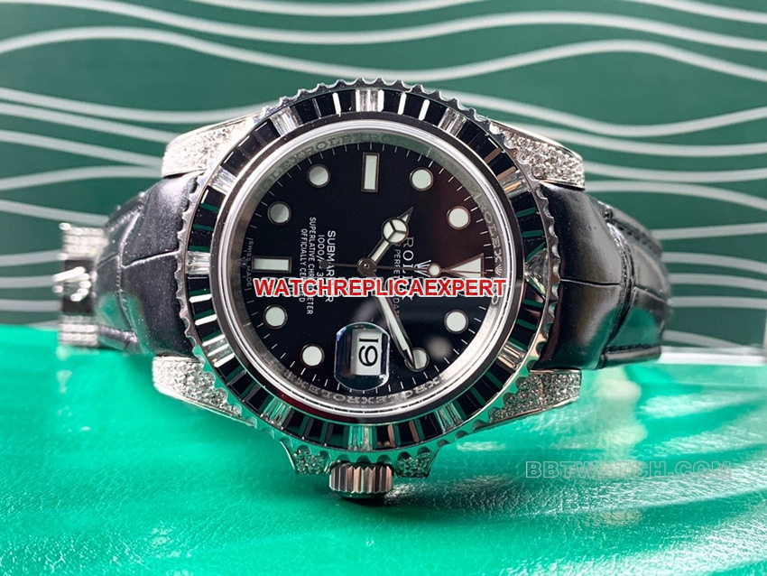 Rolex Submariner Super A Black Dial Diamond Bezel Leather Strap Real Shot Photo