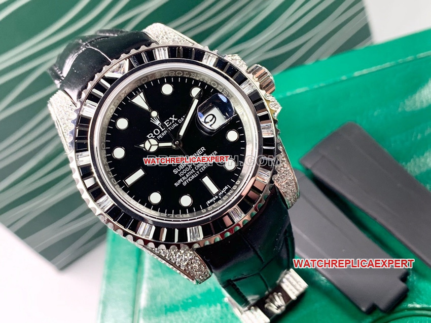 Rolex Submariner Super A Black Dial Diamond Bezel Leather Strap Real Shot Photo