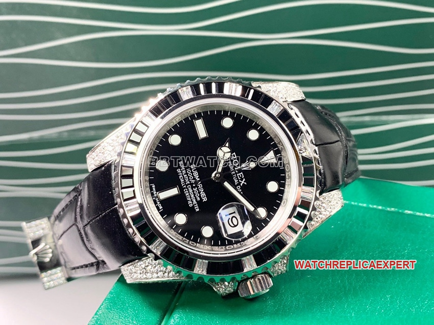 Rolex Submariner Super A Black Dial Diamond Bezel Leather Strap Real Shot Photo