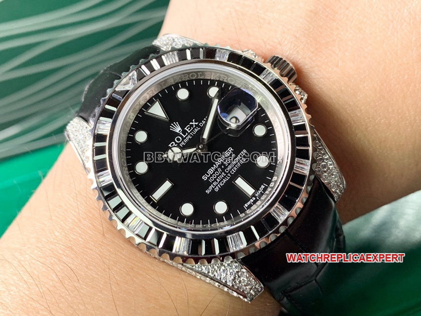 RolexSubmariner1:1super cloneblack dialdiamond bezelleather strap wearing live photos