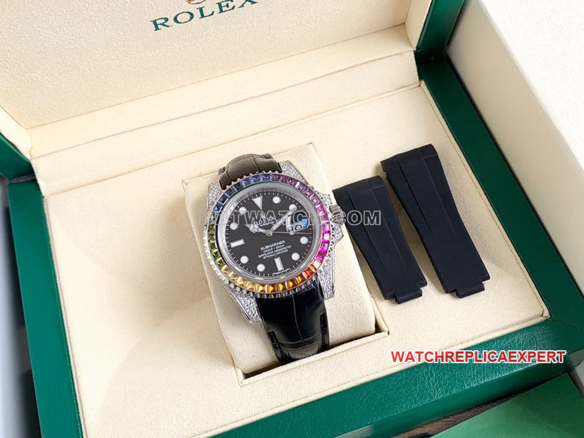 Rolex Submariner super cloneblack dial rainbow diamond bezelleather strap front live photo