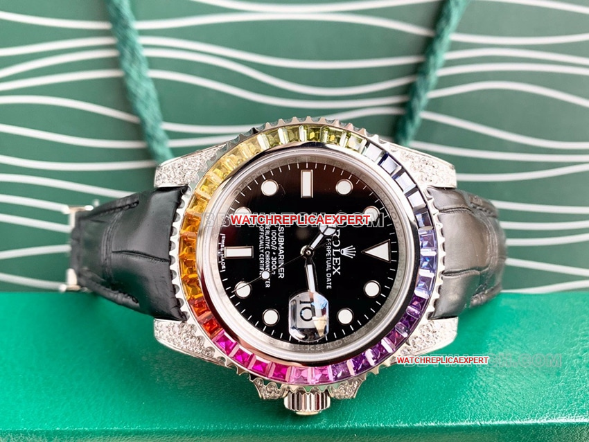Rolex Submariner super cloneblack dial rainbow diamond bezelleather strap front live photo