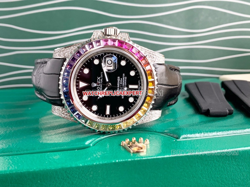 Rolex Submariner super cloneblack dial rainbow diamond bezelleather strap front live photo