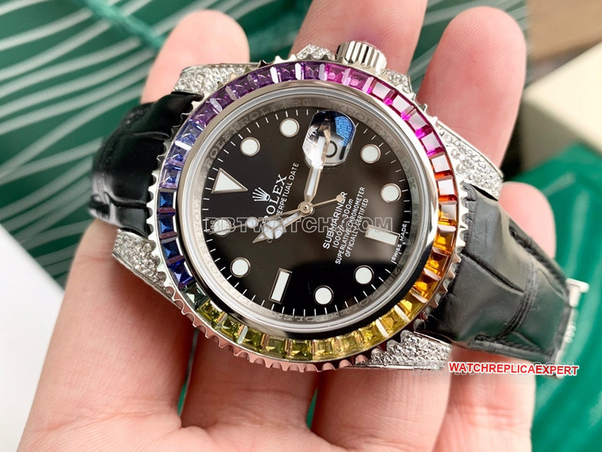 Rolex Submariner super cloneblack dial rainbow diamond bezelleather strap front live photo