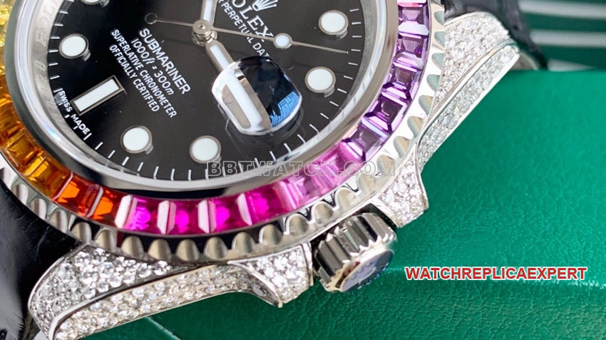 Rolex Submariner super cloneblack dial rainbow diamond bezelleather strap front live photo