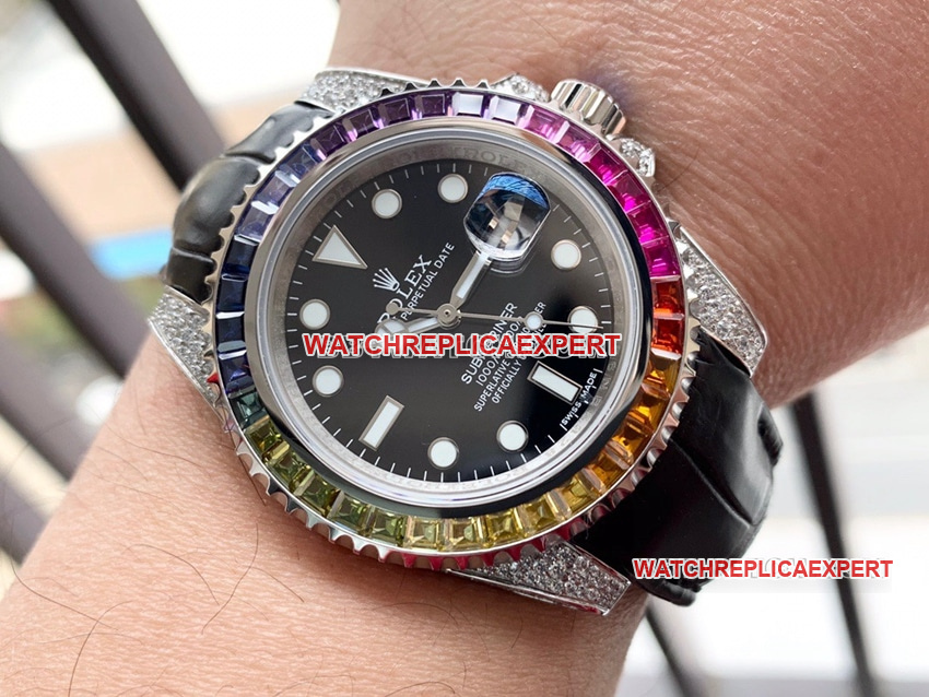 Rolex Submariner super cloneblack dial rainbow diamond bezelleather strap front live photo