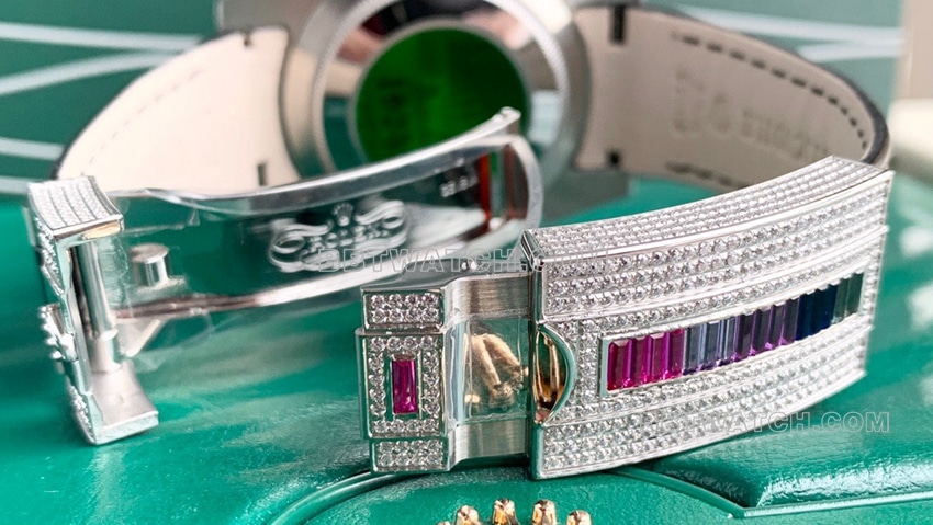 Rolex Submariner black dial rainbow diamond bezelleather strap model clasplive photos