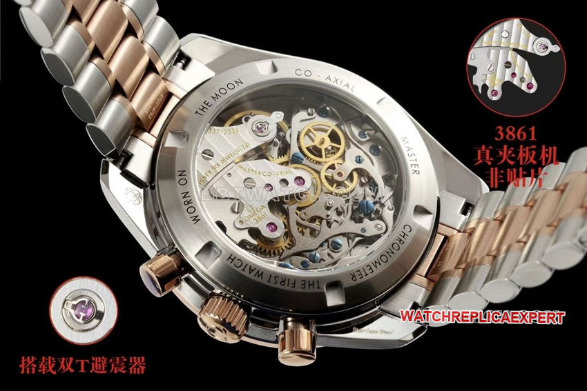 Omega Speedmaster pink gold disc gold steel bracelet model 310.20.42.50.99.001caseback live photo