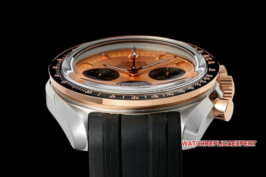 Omega Speedmaster top imitation pink gold plate rubber models 310.20.42.50.99.001 side actual photo