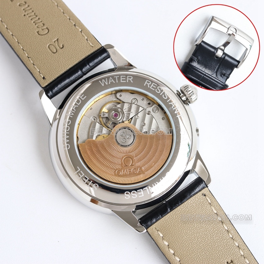 OmegaSeamaster1:1top-tier yellow white dialleather strap model 210.30.42.20.01.022caseback live photo