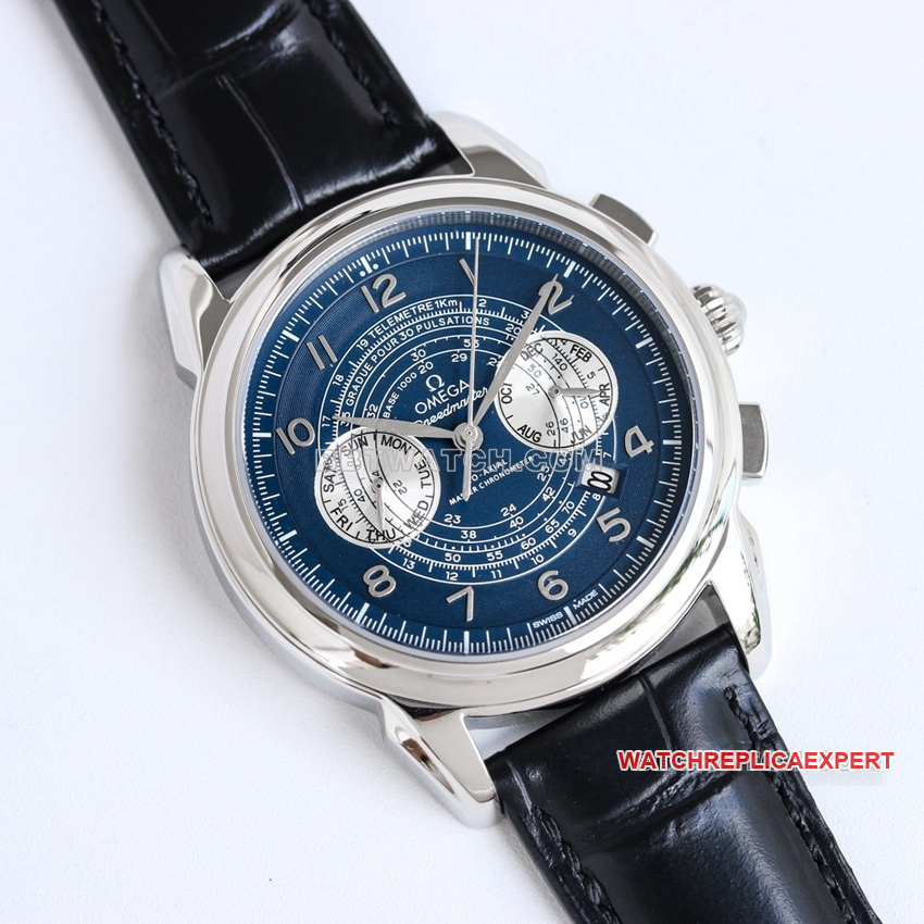 Omega Speedmaster Top Brown Blue Plate Belt Model 332.10.41.51.01.022 front view