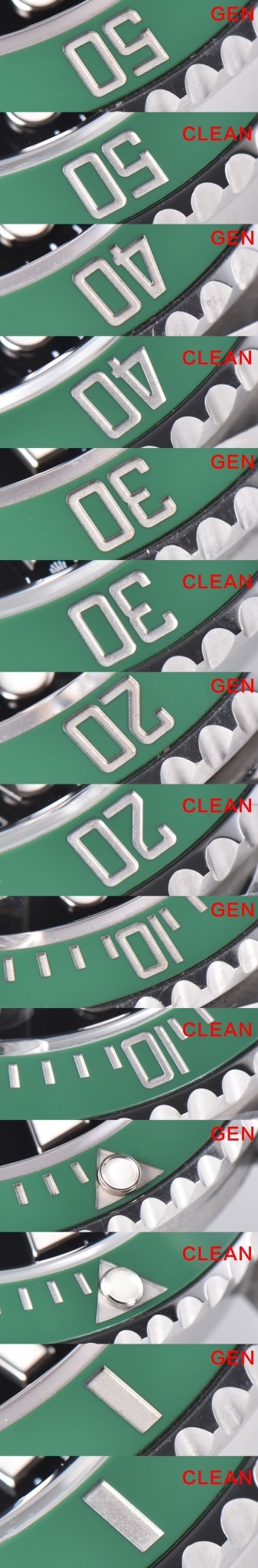C Factory Green Aqua Ghost 126610 Real and Fake Comparison Review Rolex Top Watch Bezel Comparison Chart