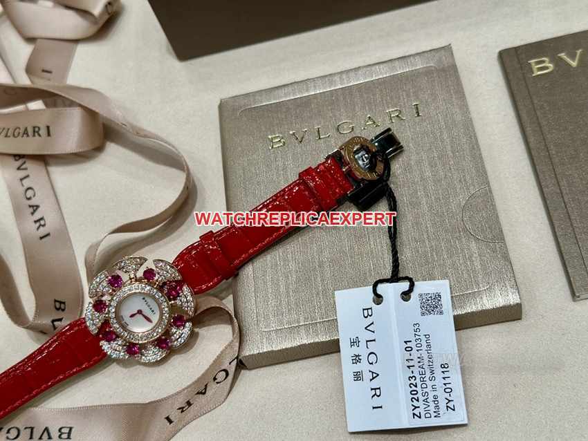 Actual Photos of the Bulgari collectible Watch with White Mother-of-Pearl Dial and Red Strap (Model 103754)