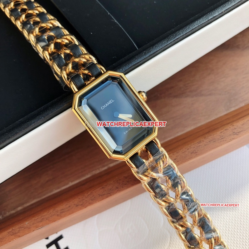 Chanelsuper cloneblack dial leather chain braceleth6951front live photo