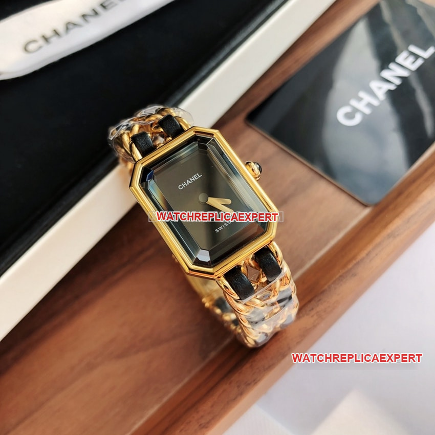 Chanelsuper cloneblack dial leather chain braceleth6951front live photo