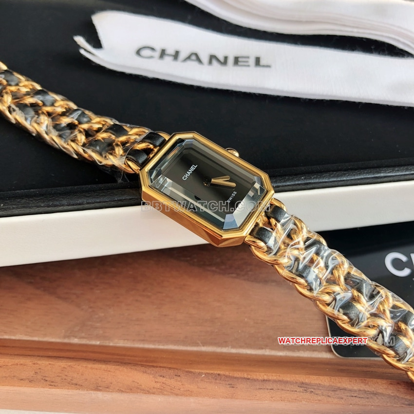 Chanelsuper cloneblack dial leather chain braceleth6951front live photo