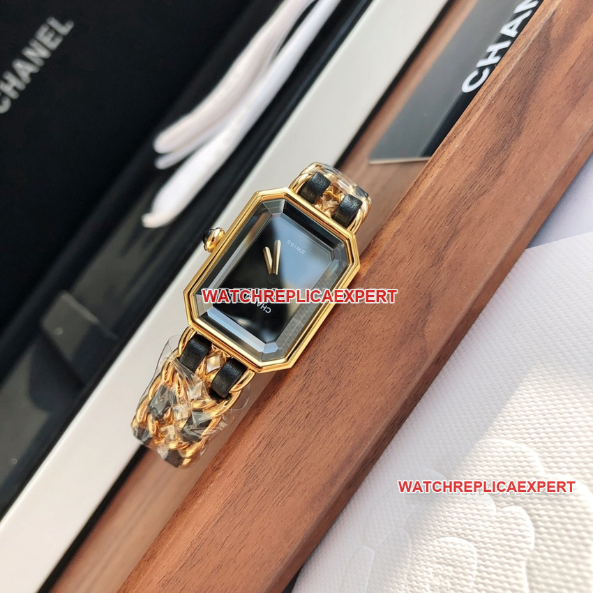 Chanelsuper cloneblack dial leather chain braceleth6951front live photo