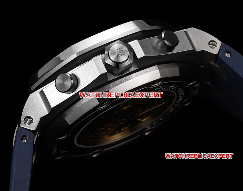 TW factory Audemars PiguetRoyal Oak offshore type 1:1top-tier replicablue dial rubber model 26470side live photo