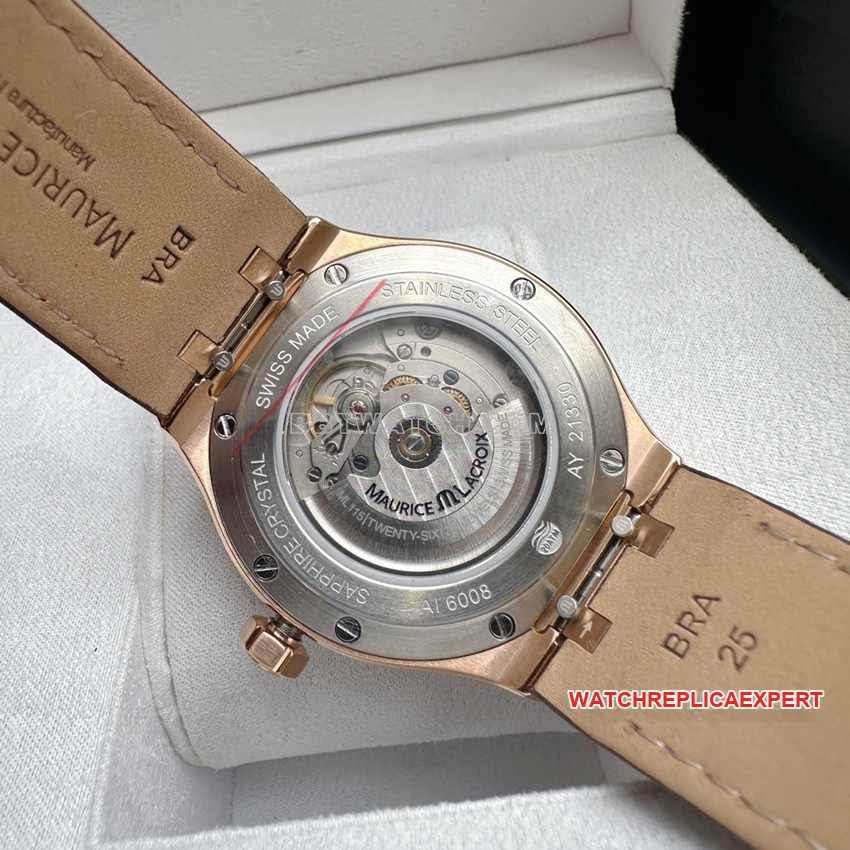 Maurice Lacroix dark brown decorative Paris stud dialleather strap caseback live photo