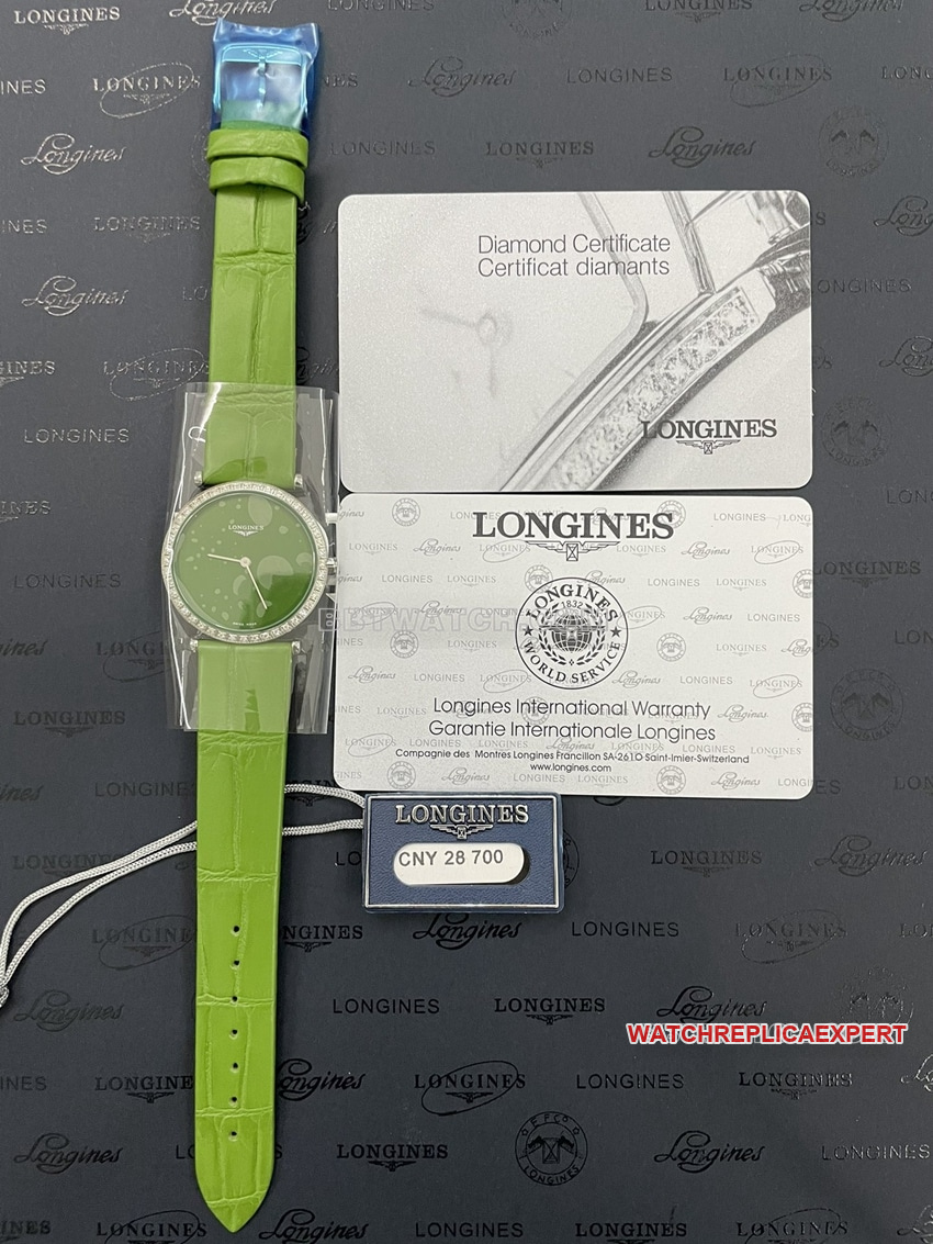 Longines elegant 1:1super clonegreen dialdiamond bezelleather strap model L4.523.0.60.2front live photo