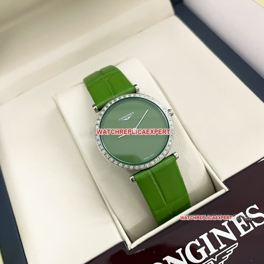 Longines elegant 1:1super clonegreen dialdiamond bezelleather strap model L4.523.0.60.2front live photo