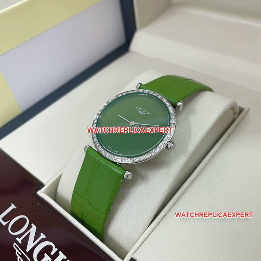 Longines elegant 1:1super clonegreen dialdiamond bezelleather strap model L4.523.0.60.2front live photo