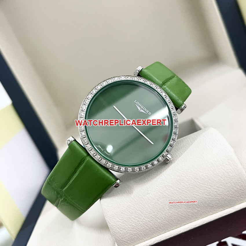 Longines elegant 1:1super clonegreen dialdiamond bezelleather strap model L4.523.0.60.2front live photo