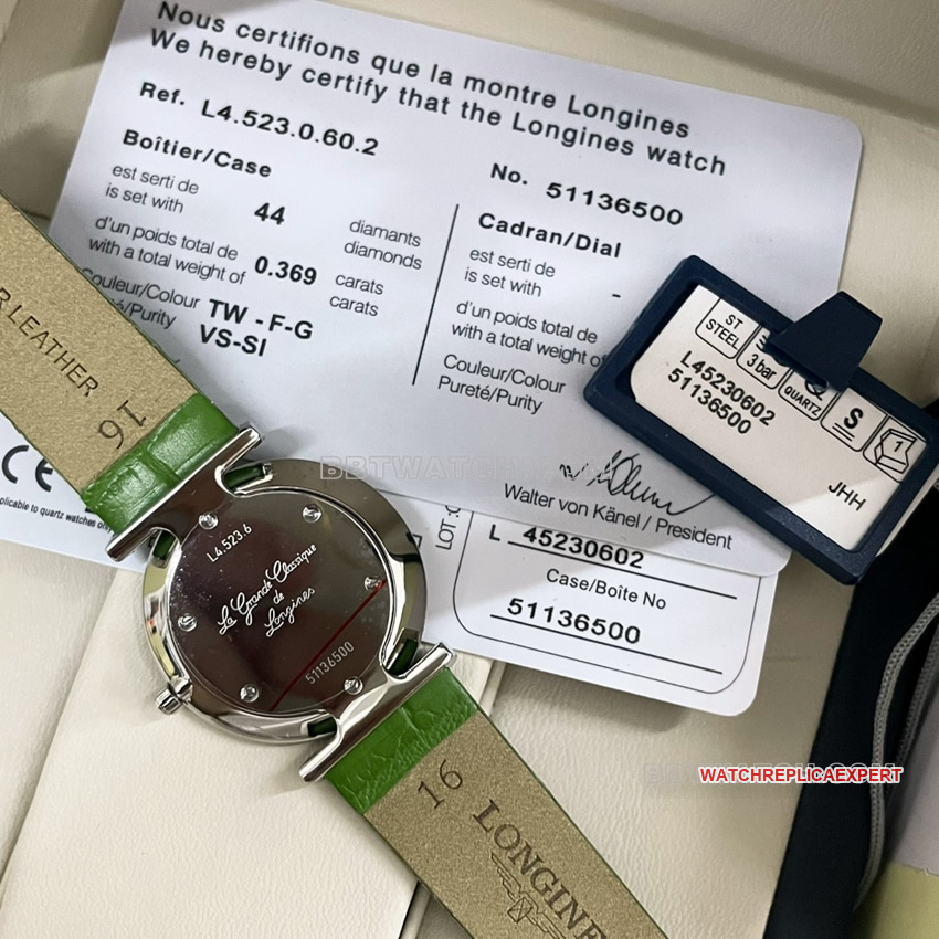 Longines elegant 1:1super clonegreen dialdiamond bezelleather strap model L4.523.0.60.2caseback live photo