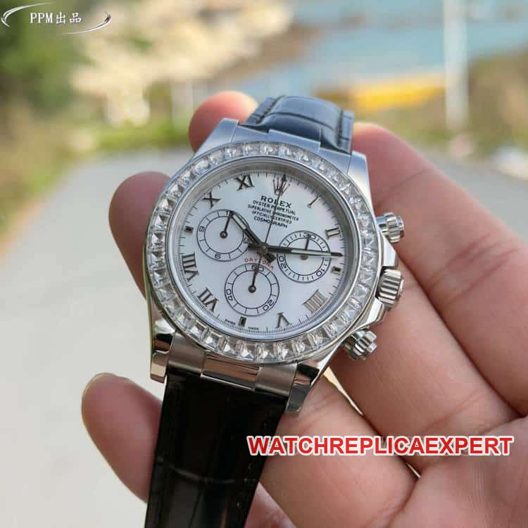 PPMRolexDaytona1:1super clonewhite dialdiamond bezel116519front live photo