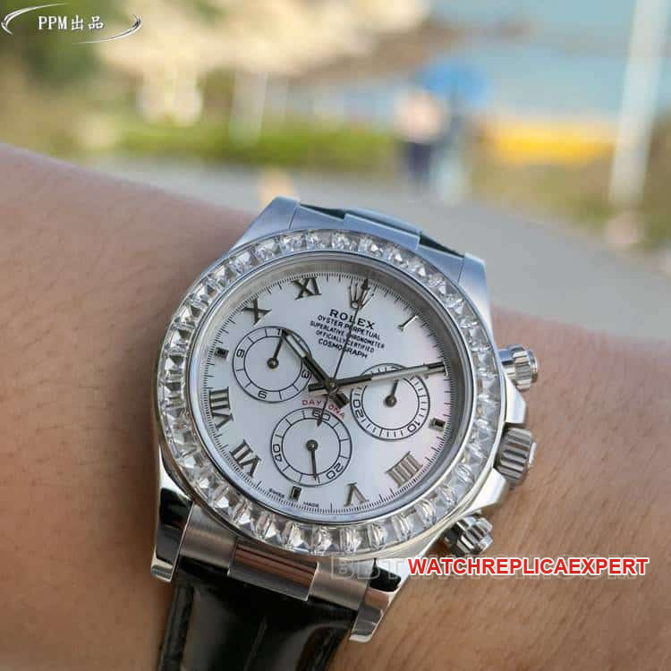 PPMRolexDaytona1:1super clonewhite dialdiamond bezel116519front live photo