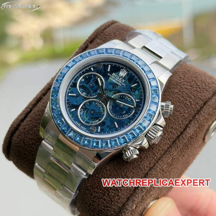 PPMRolexDaytonatop-tier blue hollow dialdiamond bezelsteel bracelet front live photo